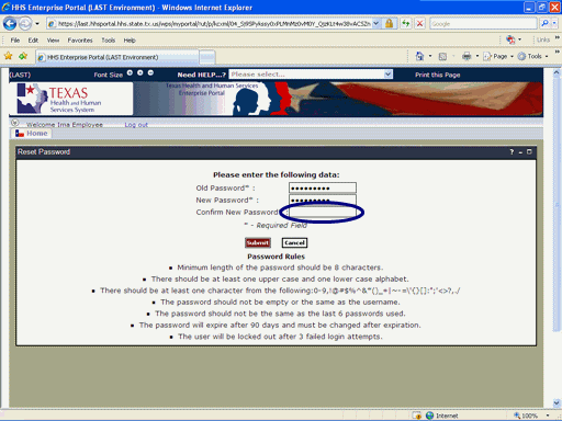 Screen shot of Password Change Page